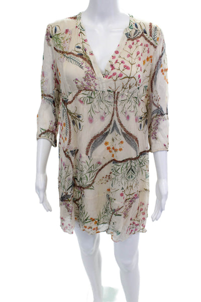 Ba&Sh Womens Kaftan Dress Beige Floral V Neck 3/4 Sleeve Size S