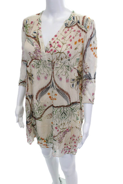 Ba&Sh Womens Kaftan Dress Beige Floral V Neck 3/4 Sleeve Size S