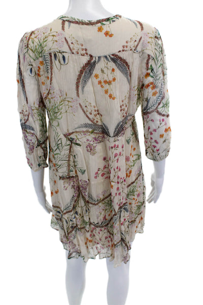 Ba&Sh Womens Kaftan Dress Beige Floral V Neck 3/4 Sleeve Size S