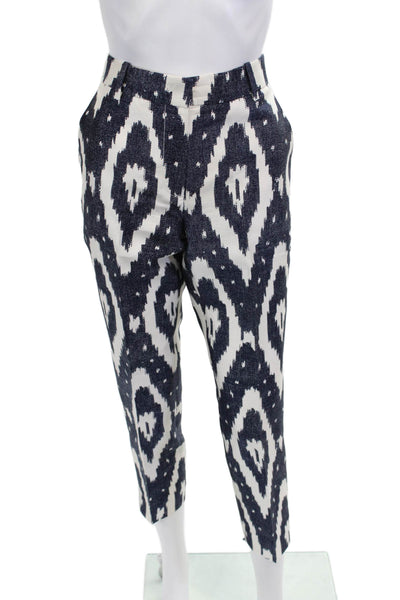 J Crew Women Dark Blue Aztec Cropped Ankle Pants Silk Cotton Blend Size 2