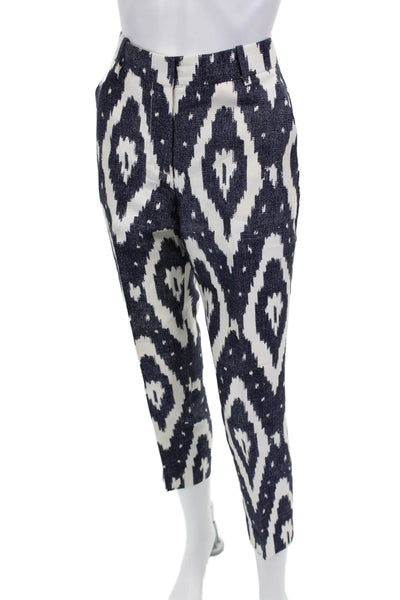 J Crew Women Dark Blue Aztec Cropped Ankle Pants Silk Cotton Blend Size 2