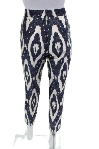 J Crew Women Dark Blue Aztec Cropped Ankle Pants Silk Cotton Blend Size 2