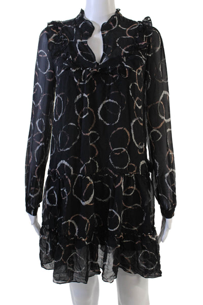 BCBGMAXAZRIA Womens Black Shift Dress Long Sleeve V-Neck Geometric Size 2XS