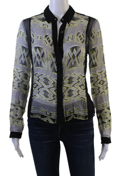 Charlotte Ronson Womens Black Silk Button Up Aztec Blouse Long Sleeve Size 4