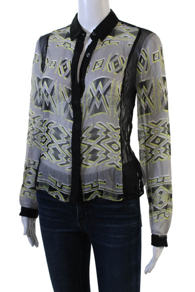 Charlotte Ronson Womens Black Silk Button Up Aztec Blouse Long Sleeve Size 4