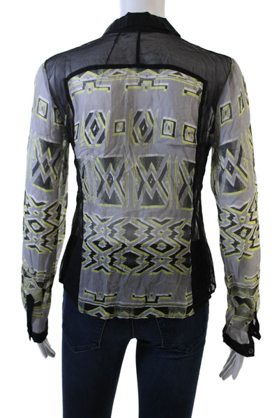 Charlotte Ronson Womens Black Silk Button Up Aztec Blouse Long Sleeve Size 4