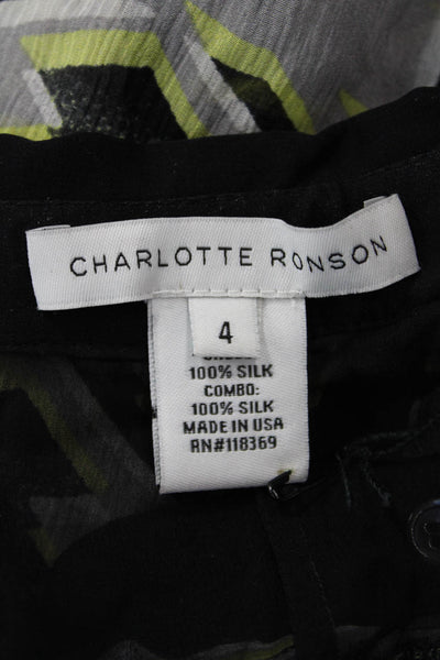 Charlotte Ronson Womens Black Silk Button Up Aztec Blouse Long Sleeve Size 4