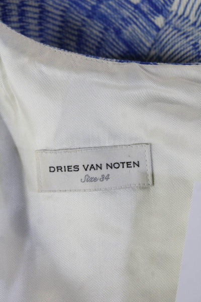 Dries Van Noten Women Shift Dress Blue Graphic Print Cotton 3/4 Sleeve Size 34