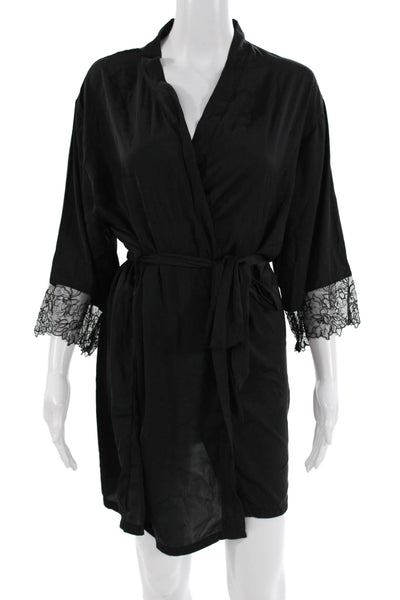 Blue Bella Womens Solid Lace Trim Belted Short Robe Black Size S