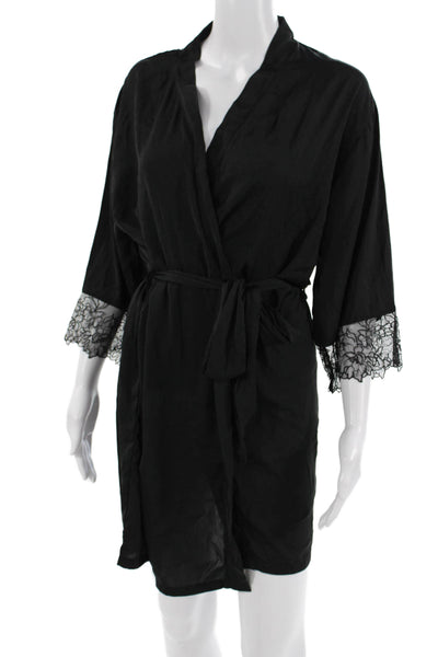 Blue Bella Womens Solid Lace Trim Belted Short Robe Black Size S