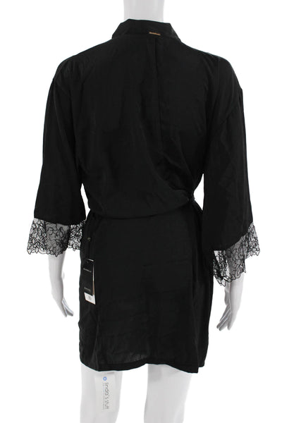 Blue Bella Womens Solid Lace Trim Belted Short Robe Black Size S