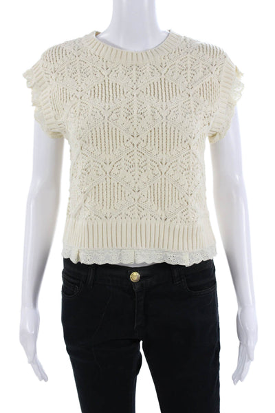 Elie Tahari Women Cropped Geometric Crew Neck White Sleeveless Top Size S
