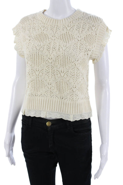 Elie Tahari Women Cropped Geometric Crew Neck White Sleeveless Top Size S