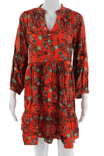 Anthropologie Women Shirt Dress Red V Neck 3/4 Sleeve Floral Bird Size S