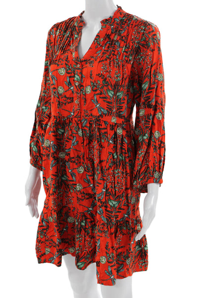 Anthropologie Women Shirt Dress Red V Neck 3/4 Sleeve Floral Bird Size S