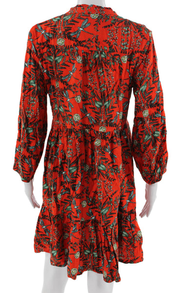 Anthropologie Women Shirt Dress Red V Neck 3/4 Sleeve Floral Bird Size S