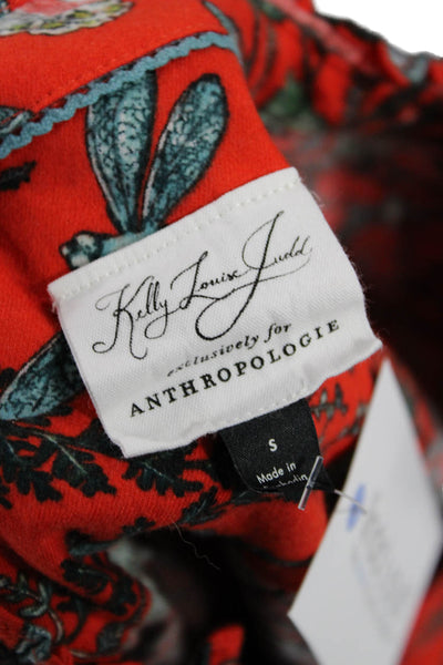 Anthropologie Women Shirt Dress Red V Neck 3/4 Sleeve Floral Bird Size S