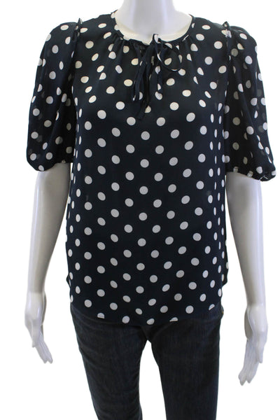 Lini Women Dark Blue Polka Dot Round Neck Short Sleeve Drawstring Blouse Size S