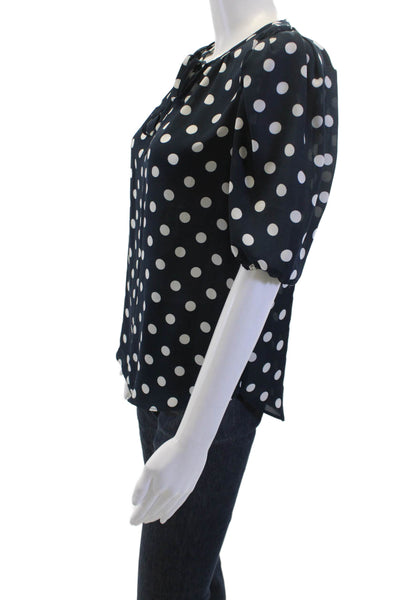 Lini Women Dark Blue Polka Dot Round Neck Short Sleeve Drawstring Blouse Size S
