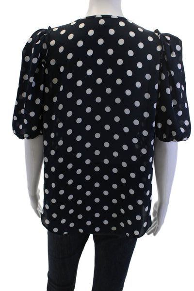 Lini Women Dark Blue Polka Dot Round Neck Short Sleeve Drawstring Blouse Size S