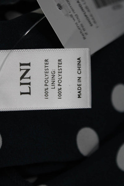 Lini Women Dark Blue Polka Dot Round Neck Short Sleeve Drawstring Blouse Size S