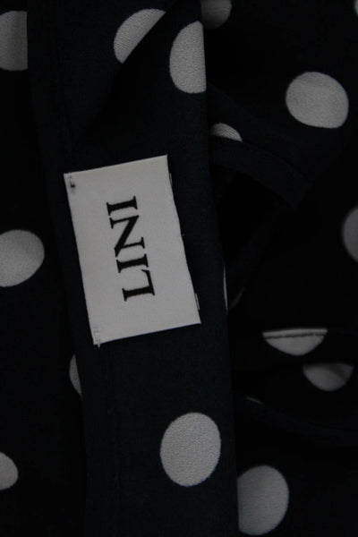 Lini Women Dark Blue Polka Dot Round Neck Short Sleeve Drawstring Blouse Size S