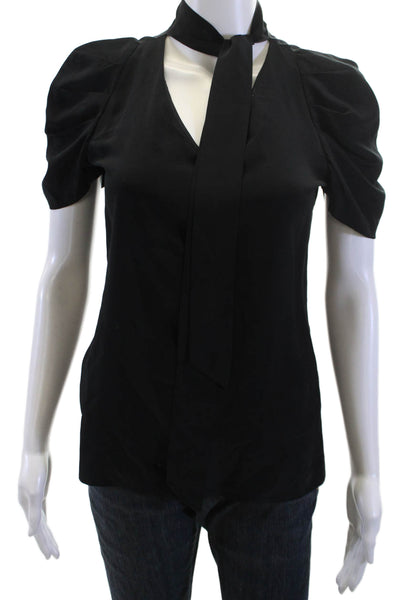 Club Monaco Women Black Silk V-Neck Tie Short Sleeve Blouse Size XS