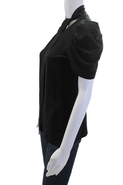 Club Monaco Women Black Silk V-Neck Tie Short Sleeve Blouse Size XS
