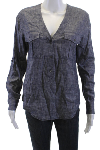 Theory Womens Tops Basic Button-Up Dark Blue V-Neck Long Sleeve Size PP