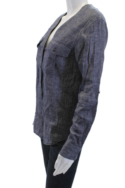 Theory Womens Tops Basic Button-Up Dark Blue V-Neck Long Sleeve Size PP