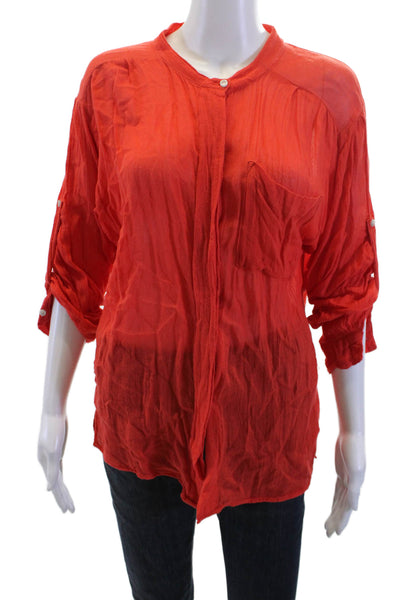 NSF Women Red Bohemian Button-Up Top 3/4 Sleeve Crew Neck Bamboo Cotton Size PP