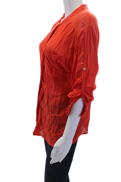 NSF Women Red Bohemian Button-Up Top 3/4 Sleeve Crew Neck Bamboo Cotton Size PP