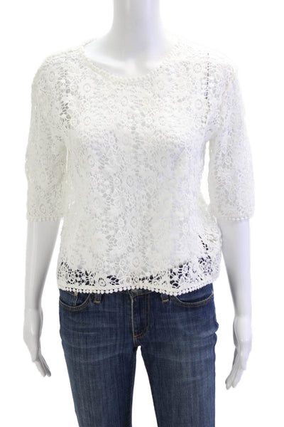 Ragdoll Women Bohemian Floral Lambskin Blouse Roundneck 3/4 Sleeve White Size S