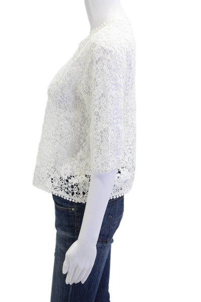 Ragdoll Women Bohemian Floral Lambskin Blouse Roundneck 3/4 Sleeve White Size S