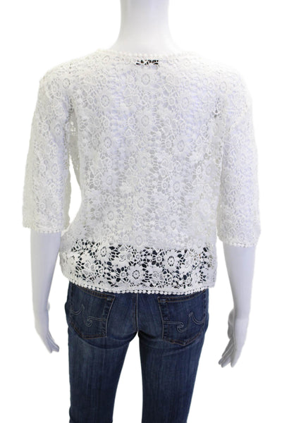 Ragdoll Women Bohemian Floral Lambskin Blouse Roundneck 3/4 Sleeve White Size S