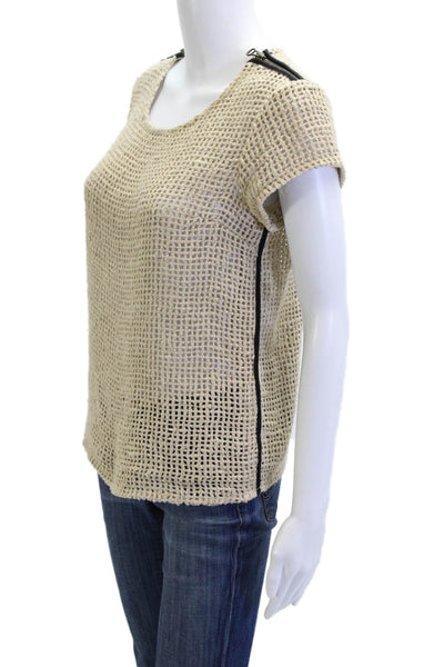 Kelly Wearstler Womens Beige Silk Cap Sleeve Round Neck Top Hook Loop Size S