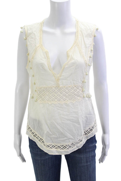 Pam & Gela Womens Bohemian V Neck Sleeveless Cotton Blouse Beige Size S