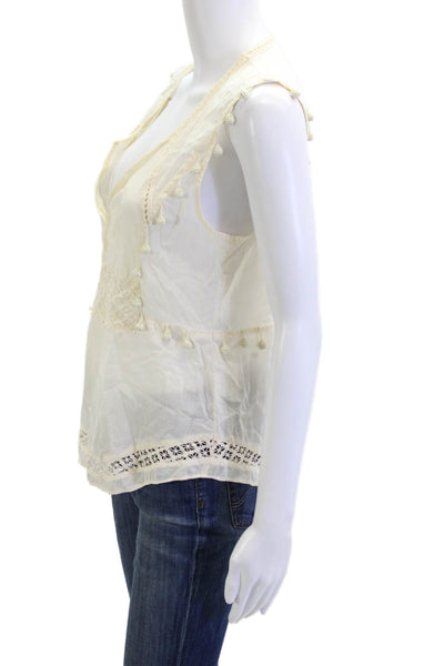 Pam & Gela Womens Bohemian V Neck Sleeveless Cotton Blouse Beige Size S