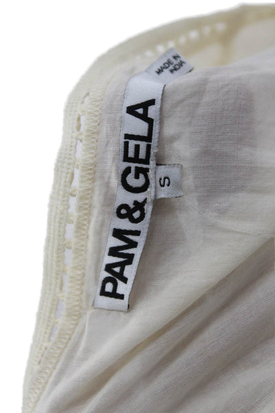 Pam & Gela Womens Bohemian V Neck Sleeveless Cotton Blouse Beige Size S