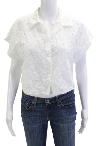 Hyfve Women Cropped White Cotton Collared Button Up Short Sleeve Blouse Size S