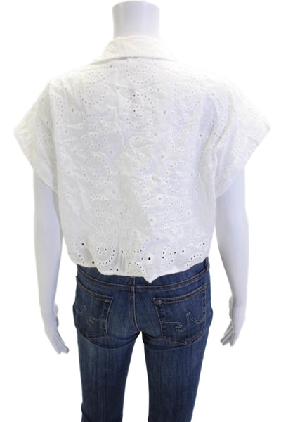 Hyfve Women Cropped White Cotton Collared Button Up Short Sleeve Blouse Size S
