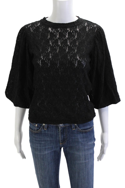 Ragdoll Womens Black Bohemian Crew Neck 3/4 Sleeve Blouse Nylon Lycra Size S