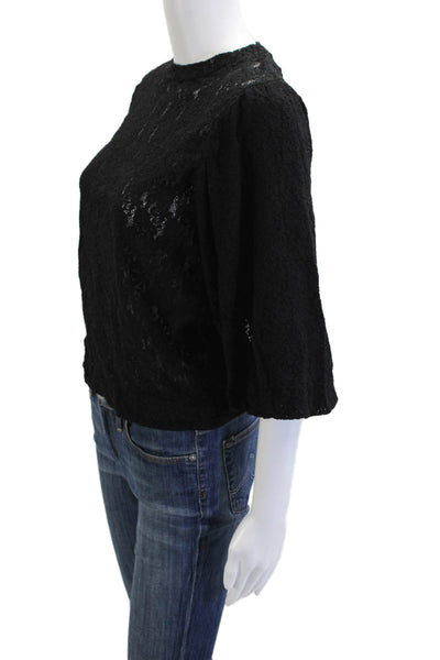 Ragdoll Womens Black Bohemian Crew Neck 3/4 Sleeve Blouse Nylon Lycra Size S