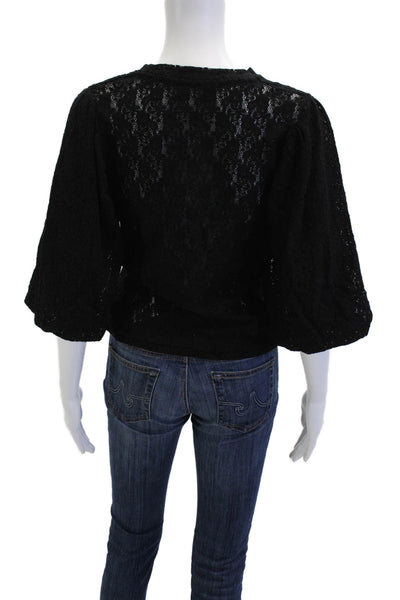 Ragdoll Womens Black Bohemian Crew Neck 3/4 Sleeve Blouse Nylon Lycra Size S