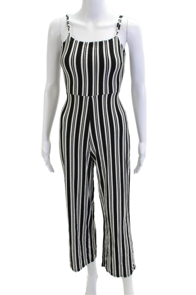 Stradivarius Womens Striped Sleeveless Jumpsuit Black Scoop Neck Viscose Size S