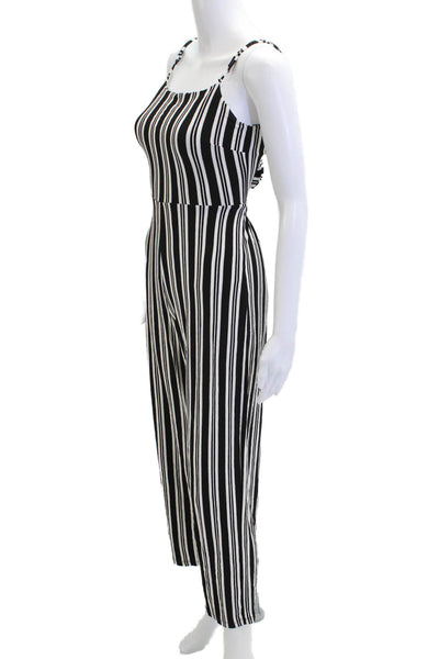 Stradivarius Womens Striped Sleeveless Jumpsuit Black Scoop Neck Viscose Size S