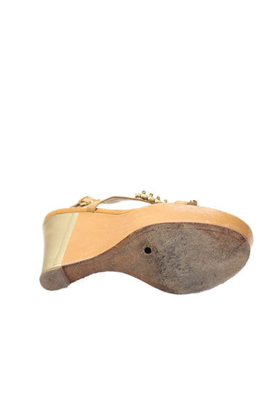 Joan & David Women's Open Toe Bead Embellish Platform Wedge Sandals Camel Size 6
