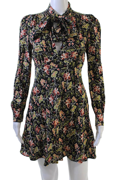 Zara Womens Fit & Flare Mini Black Floral High Neck Long Sleeve Dress Size XS