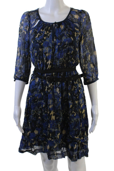 Charlotte Ronson Womens Blouson Mini Dress Black Silk Floral 3/4 Sleeve Size 2