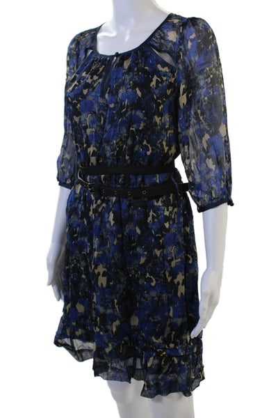 Charlotte Ronson Womens Blouson Mini Dress Black Silk Floral 3/4 Sleeve Size 2
